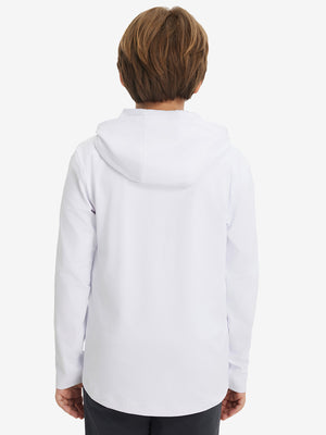 Back upper view of youth long sleeve hoodied with kangaroo pocket in white, showing fit and shoulders.