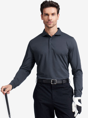 Model front upper body wearing Long sleeve pinstripe jersey polo in sleek black stripe