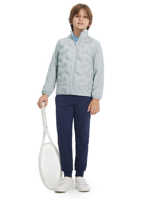 Model holding a racket, wearing light grey boys windproof puffer jacket with pockets in full-body view.