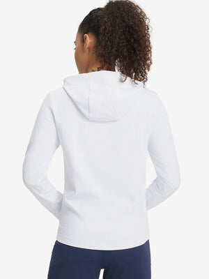 Back upper view of model in women's lightweight hoodies pullover, showing relaxed fit in white.