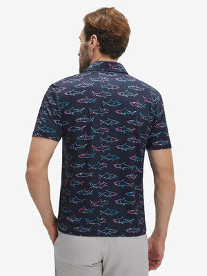 Back half-body view of model wearing the ombre shark 4 way stretch print collared polo shirt, highlighting the rear silhouette