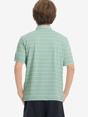 Back upper body of model in trendy boys stripe polo shirts, showing silhouette and light green stripe tone