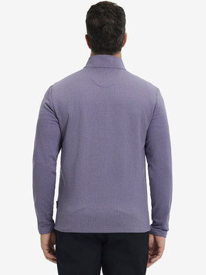 Back upper view of casual fleece lined quarter zip pullover in purple, showing fit and seams.