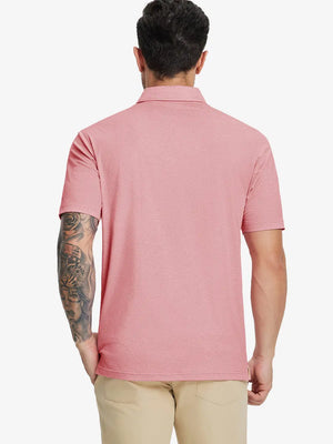 Back half-body view of model in PINK HEATHER Premium Stretch Heather Polo.