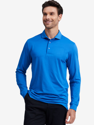Model front upper body wearing Long sleeve pinstripe jersey polo in sleek cobalt stripe