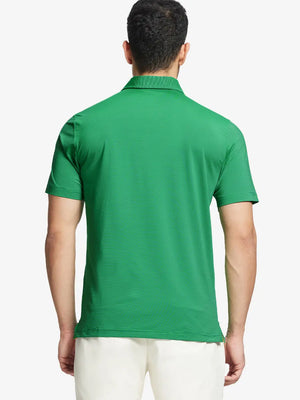 Back half-body view of GREEN STRIPE Pinstripe Jersey Performance Polo worn by model								
