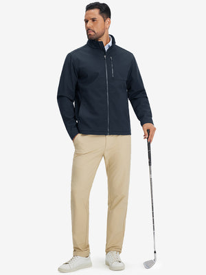 Lifestyle shots of winter thermal outdoor water resistant fleece jacket in navy, worn while holding golf clubs
