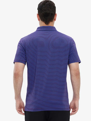 Rear half-body view highlighting stripe alignment and fit of PLUM BLUE STRIPE shirt