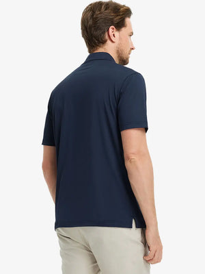 Rear half-body view of Everyday Solid Jersey Polo in NAVY, showcasing clean lines and fit.