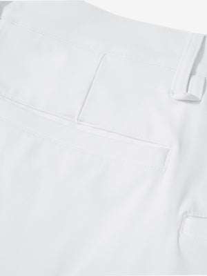 Close-up of fabric on soft lightweight casual golf pants with 5 pockets, showing texture in white.