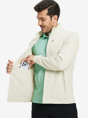 Close-up of hand in pocket on lightweight casual fleece jacket with 5 pockets, cream fabric detail