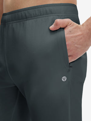 Front zipper pocket detail of dark grey superion softness mesh joggers with zipper pockets