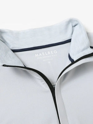 Close-up of collar and interior logo detail on GREY MIST Stretch Solid Fleece Quarter-Zip Vest.								
