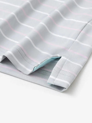 Hem detail of trendy boys stripe polo shirts, fine finish with subtle ight grey stripe touch