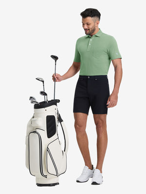 Full-body front view of model wearing the spa green heather comfy cotton blend polo shirt with pocket, showing the complete outfit
