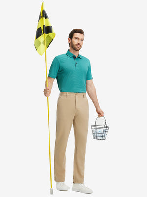 Full-body shot of a model wearing the tuorquoise feather weight jacquard polo shirts and pants