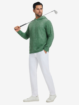 Full-body view of model in green exclusive print kangaroo hoodies holding a golf club outdoors.