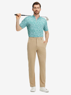 Full front: model in white green florals stretch printed collarless henley golf shirts holding golf club.
