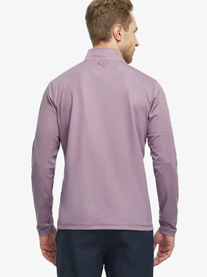 Back half-body view of model in Pinstripe Quarter Zip Pullover, showing back detail – WISTFUL MAUVE MELANGE