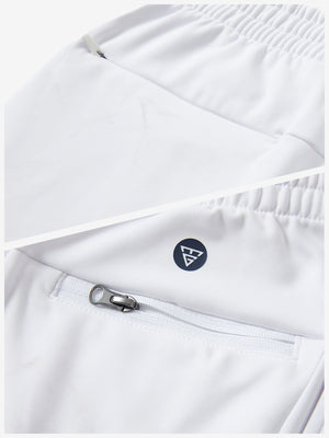 Close-up of the zipper detail of white fleece stretch water resistant boys joggers.