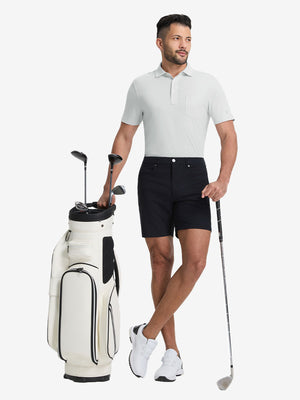 Full-body front view of model wearing the blue presence heather comfy cotton blend polo shirt with pocket, showing the complete outfit