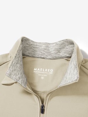 Close-up of collar and zipper on Fleece lined golf quarter zip in refined taupe