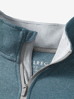 Detail shot of collar opening of colony blue melange moisture wicking quarter zip pullover