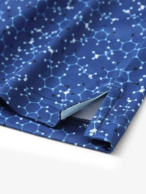 Hem slit detail of MAELREG Performance Jersey Print Polo in Blue Molecular Structure – comfort & movement