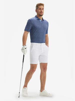 Model holding golf club in Performance quick dry print golf polos, navy white floral