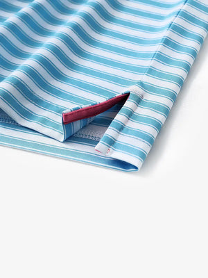 Close-up of hem slit detail on Sky Blue White Yarn Dyed Stripe Polo