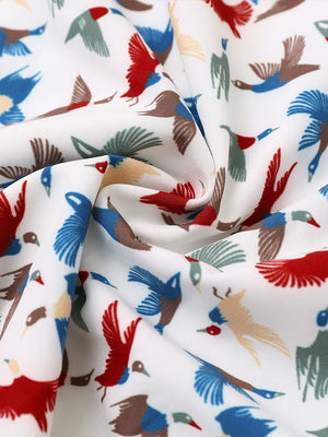 Fabric close-up of Stylish printing summer shirt with lightweight feel in colorful wild goose