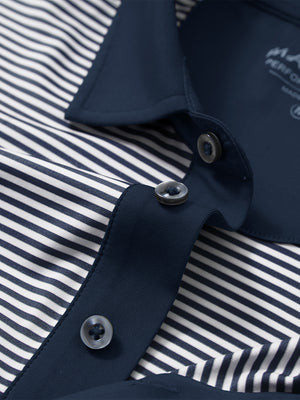 Detail: collar opening of navy stripe upgraded two-tone striped quick dry polo shirt