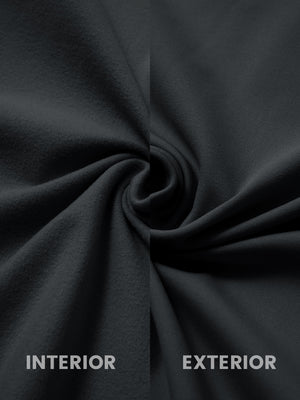 Close-up of inside and outside fabric of lightweight casual fleece jacket with 5 pockets in black.