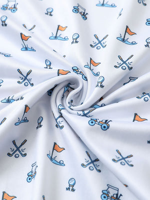 Fabric detail of Stylish print boys polo shirts with soft feel and white golf pattern