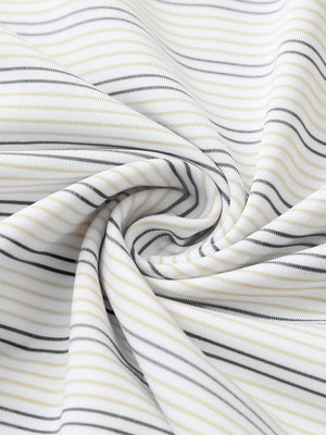 Close-up fabric detail of performance stripe golf shirts, breathable texture with soft khaki neutral grey stripe finish