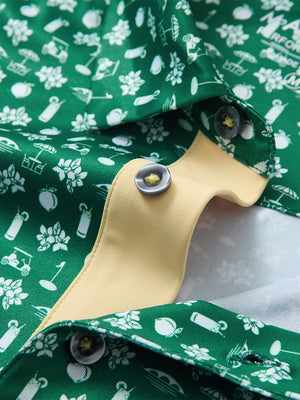 Detail shot of the collar on the golf vacation 4 way stretch print collared polo shirt, emphasizing the classic neckline design