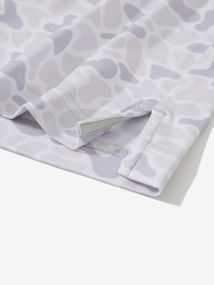 Detail: hem slit of brown grey camo stretch printed collarless henley golf shirts