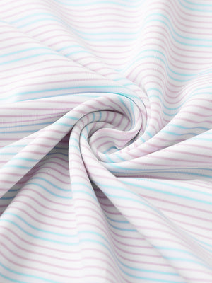 Close-up fabric detail of performance stripe golf shirts, breathable texture with soft light pink aqua blue stripe finish