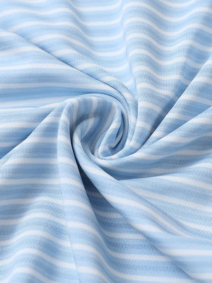Close-up of blue denim stripe sport fit stripe polo fabric showing crisp horizontal stripes and smooth, breathable texture.