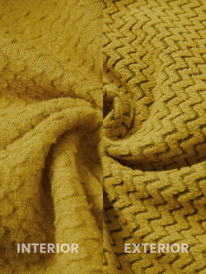 Close-up of the inner and outer fabric of full zip fleece hoodied jacket in yellow, showing exture and finish