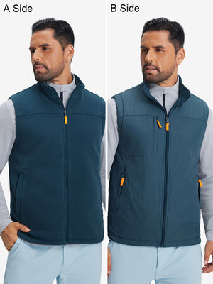 Model wearing dark blue windproof fleece reversible golf vest showcasing both sides of the reversible design.