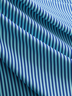 Close-up of aqua stripe upgraded two-tone striped quick dry polo shirt, showcasing texture and print details.