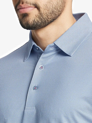 Close-up front view from nose to chest wearing LIGHT BLUE Performance Ananas Jacquard Polo