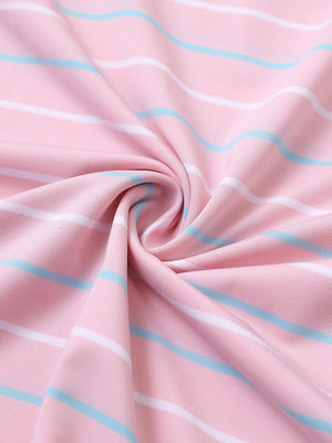 Close-up of light pink heather stylish stripe jersey golf polo fabric showing smooth texture and breathable knit.