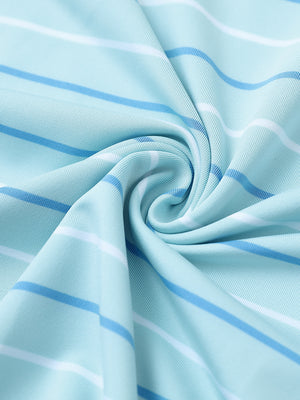 Close-up of iced aqua stripe stylish stripe jersey golf polo fabric showing smooth texture and breathable knit.