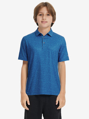 Model front upper body wearing Stylish print boys polo shirts in fresh blue graffiti style