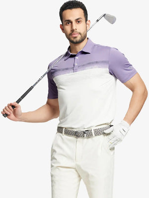 Half-body front shot holding golf club in CREAM Premium Performance Polo