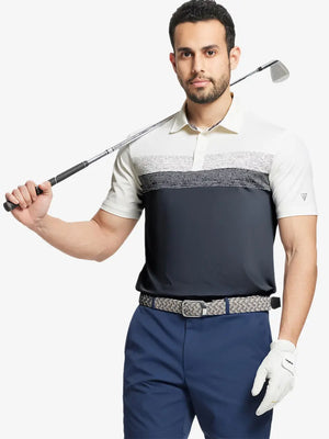 Half-body front shot holding golf club in DARK GREY Premium Performance Polo