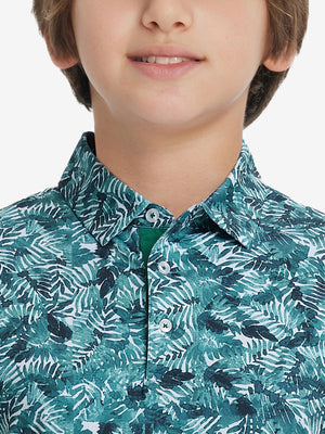 Collar close-up of Stylish print boys polo shirts with neat stitching in dark green leaf