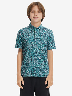 Model front upper body wearing Stylish print boys polo shirts in fresh dark green leaf style